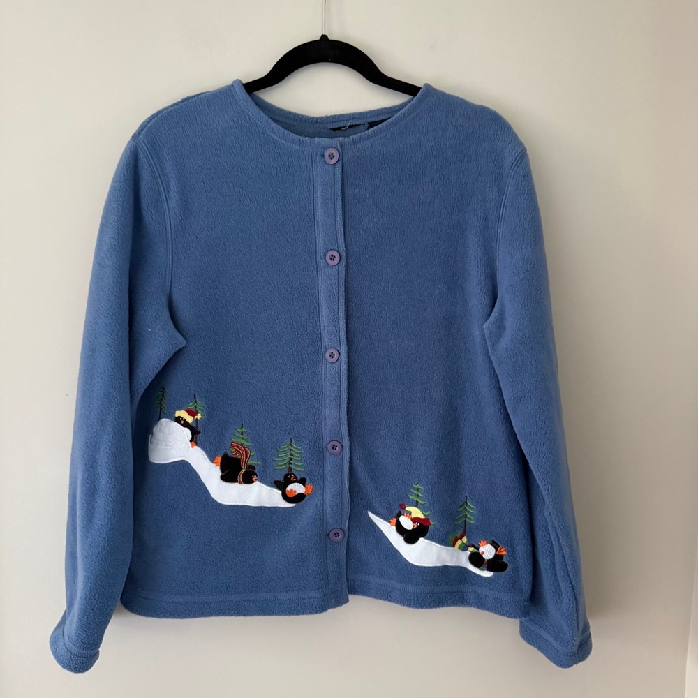 Vintage Blue Fleece‎ Penguin Embroidered Button Front Cardigan Sweater Small